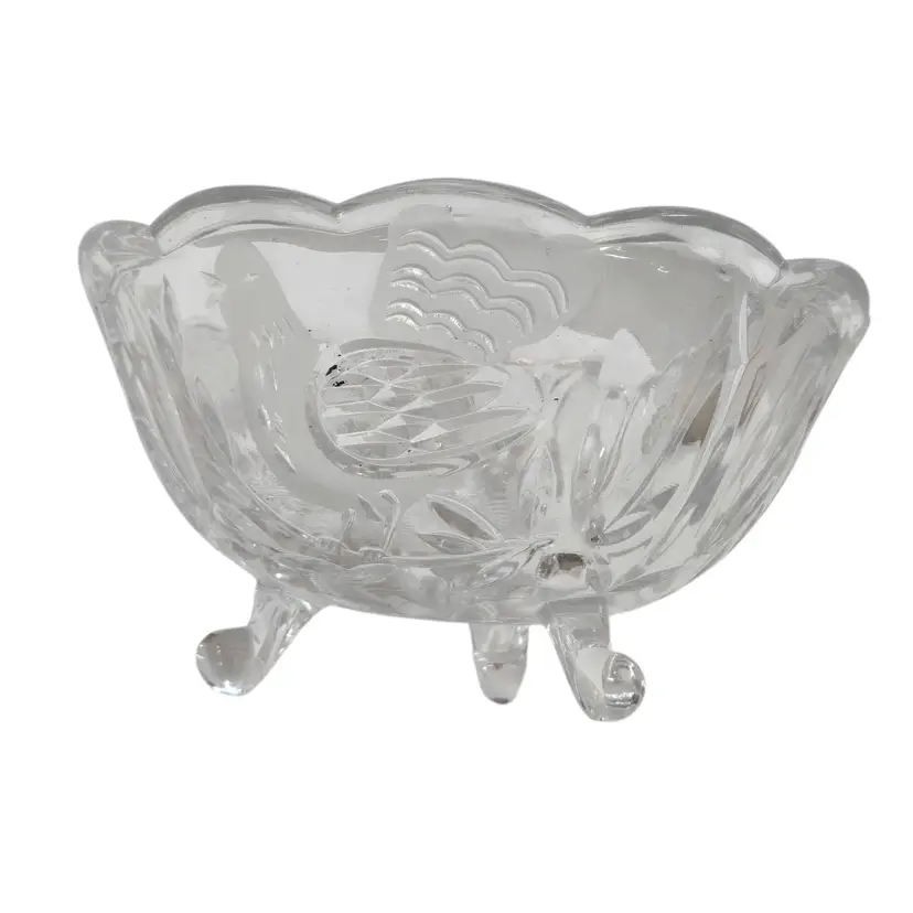 Vtg Etched Glass Rooster Candy Fruit Dish