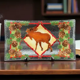 Peggy Karr Signed Fused Art Glass Tray Plate The Lodge Moose Pine Cones
