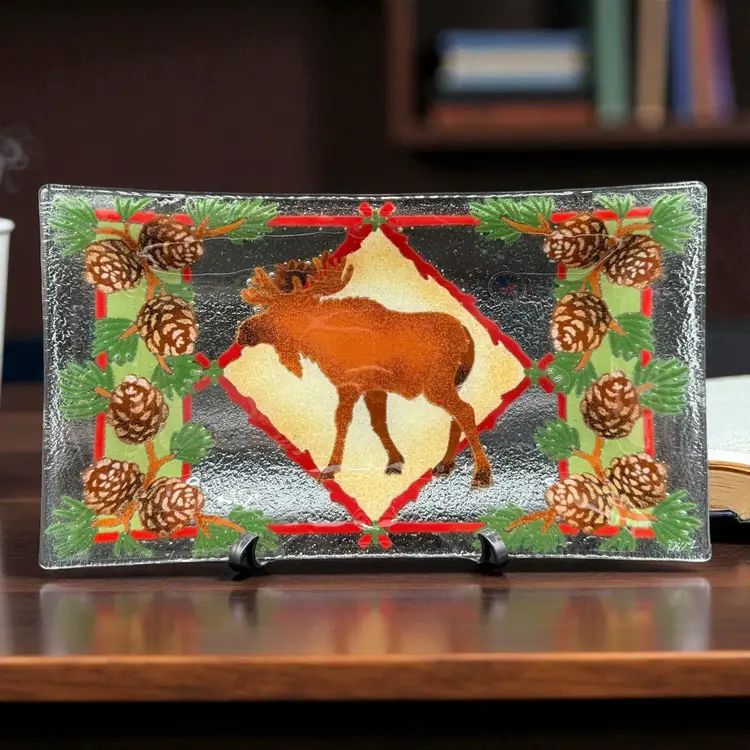 Peggy Karr Signed Fused Art Glass Tray Plate The Lodge Moose Pine Cones
