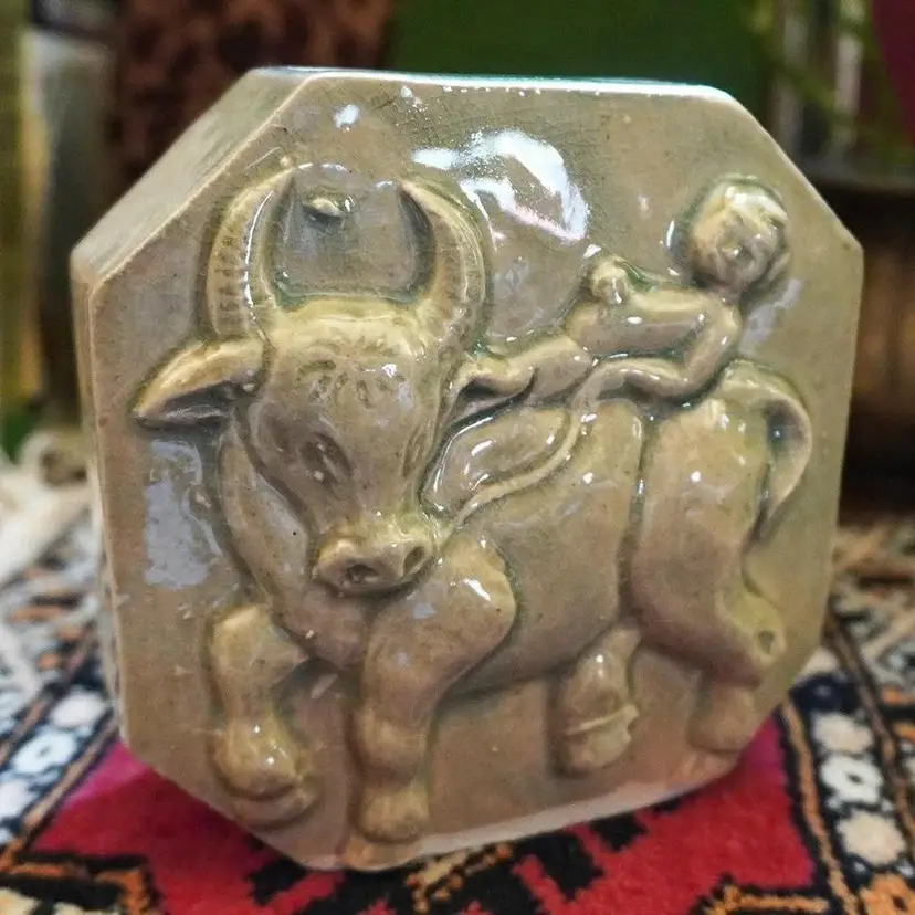 Vintage Aged Jade Bull Ceramic Planter | 1970s Ceramic Art Vase Vessel Folk