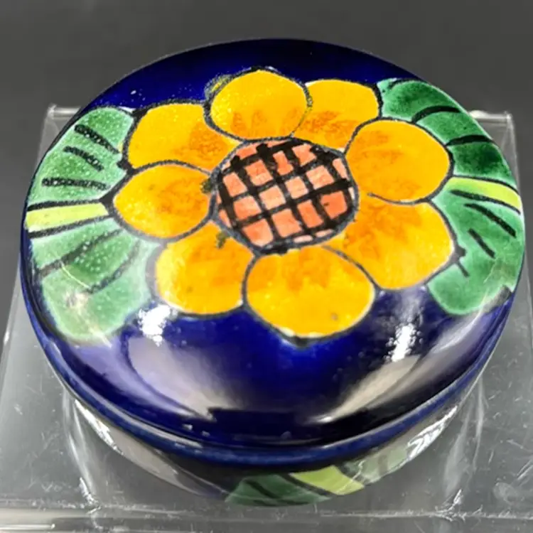 Vintage Handmade Hand Painted Talavera Mexico, Red Clay Pottery Trinket Box With with lid and Bold Sunflower