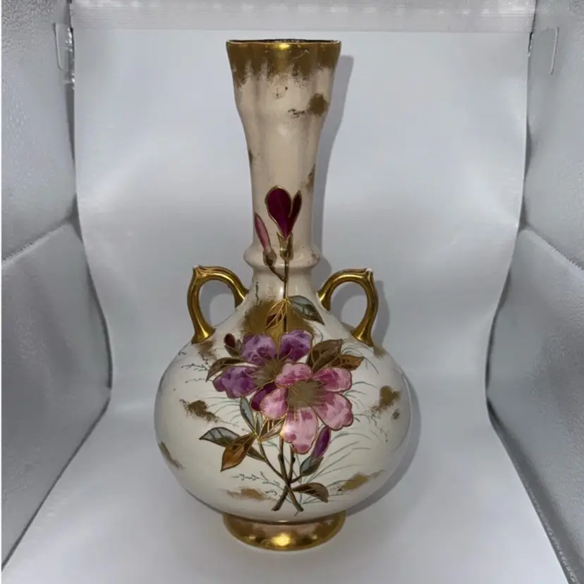 German Royal Bonn F.A. Mehlem Porcelain Vase 1885 flowers with gold 10.5” tall
