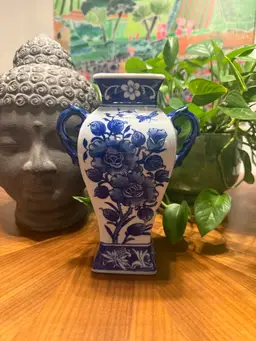 Vintage Blue and White Chinoiserie Vase with Handles – Floral and Butterfly Motif – Delft-Style Porcelain – Classic Asian Revival Decor
