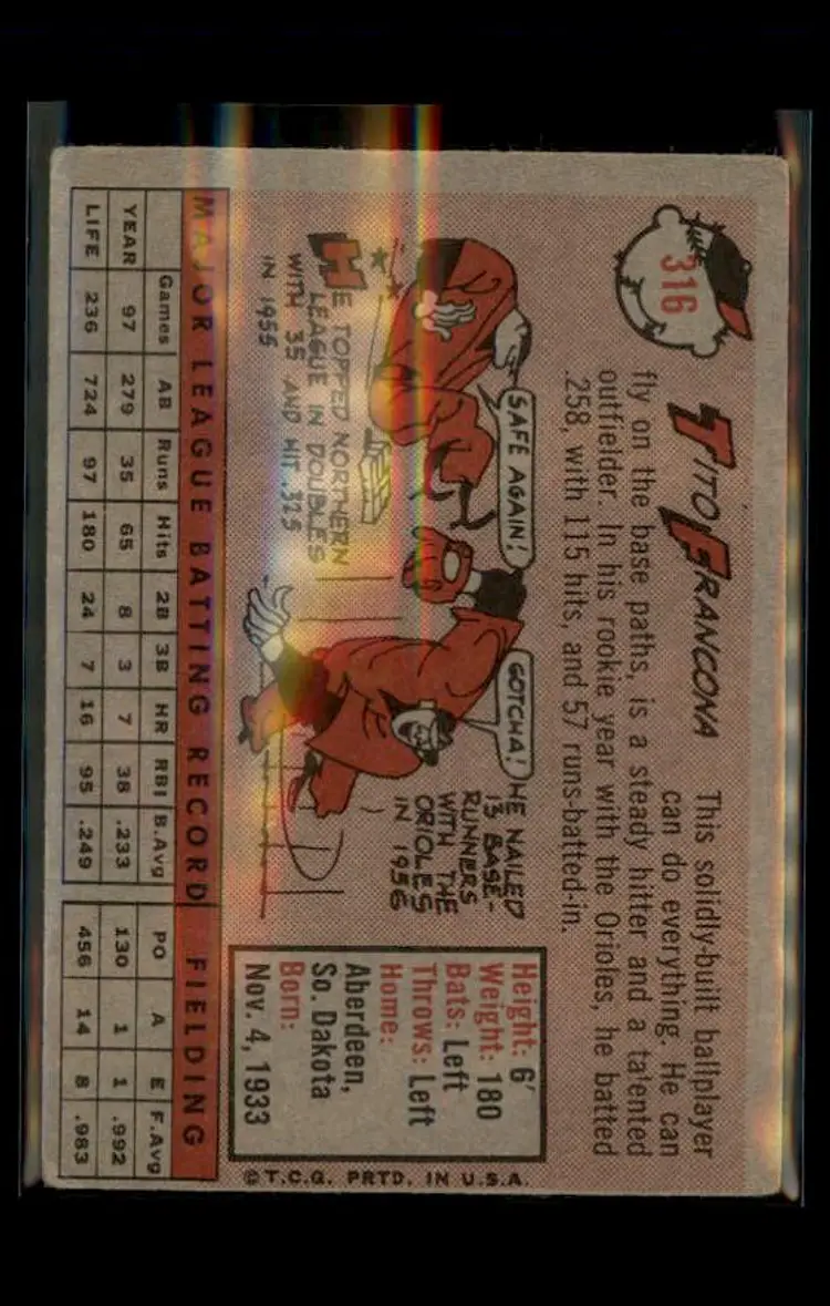 1958 Topps #316 Tito Francona - (pk4) - Chicago White Sox