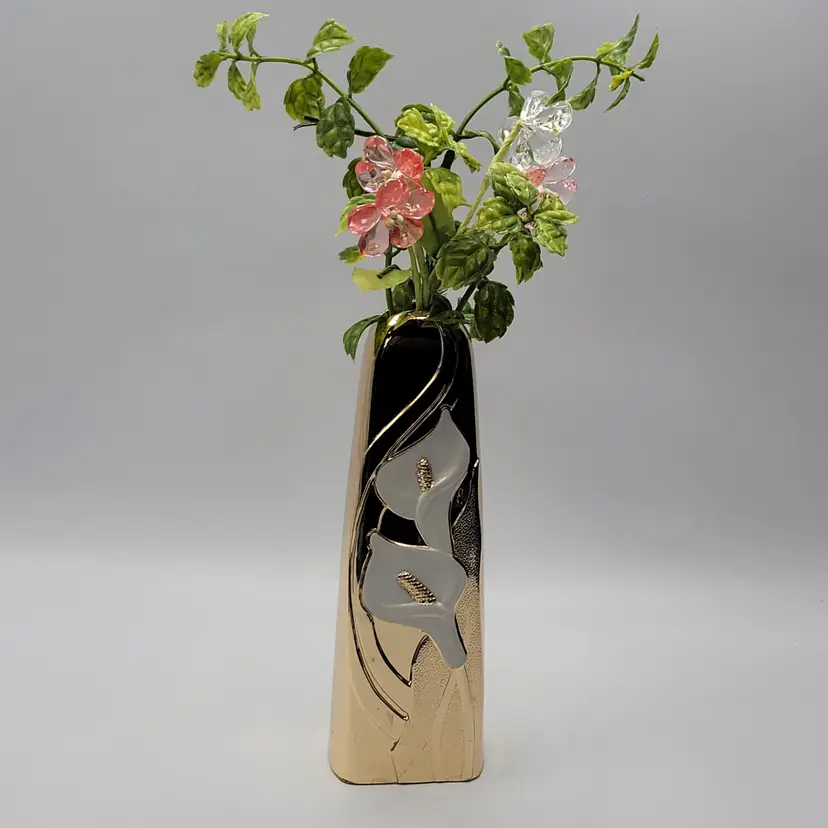 Wm A Rogers Enameled Calla Lily Bud Vase • Bronze Plated Gold Finish Japan 6.5"