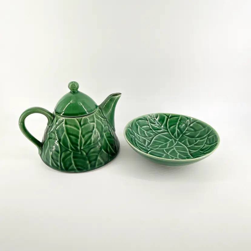 Pier 1 Imports Jade Leaves Green Stoneware Teapot & Matching Bowl