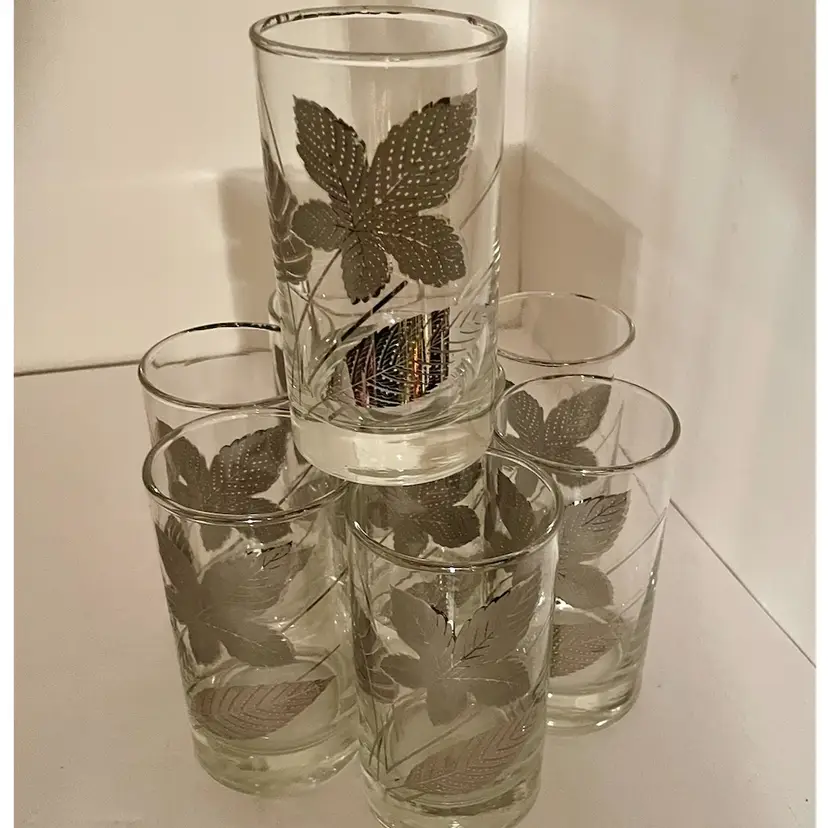 MCM Libbey Silver Leaf Foliage Flat Juice Glasses 4 oz Lot Of  8 Vintage