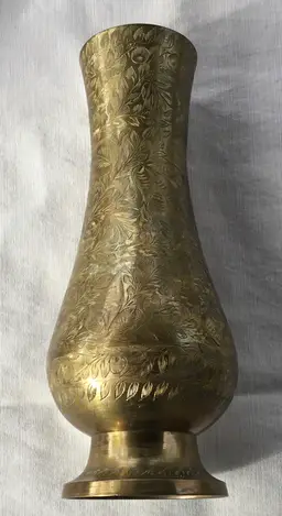 9in Solid Brass Etched Floral Vase