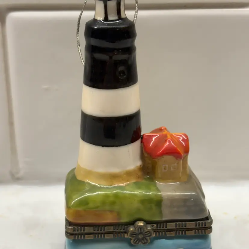 Lighthouse Hinged Trinket Hidden Box Ceramic Black And White