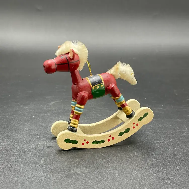 Wooden Rocking Horse Hanging Christmas Ornament Kitsch Kitschy Vintage Holiday