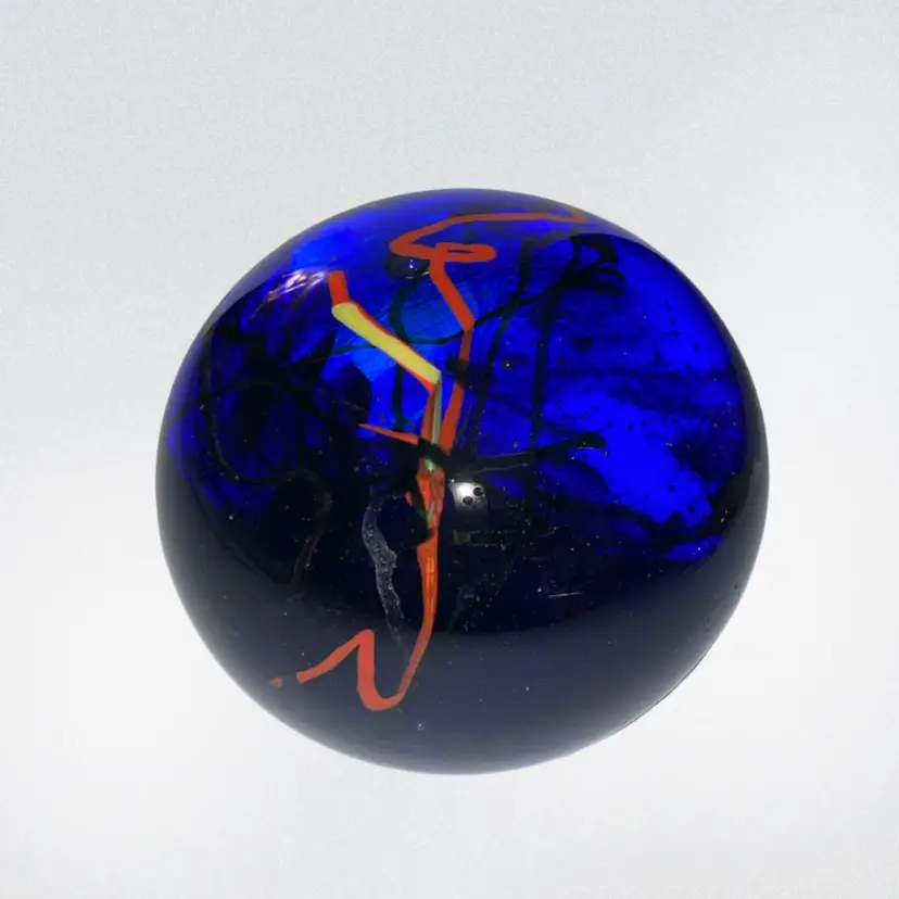 Art Glass Paperweight Ribbon Designs Deep Blue Signed | 3.5” *(read)