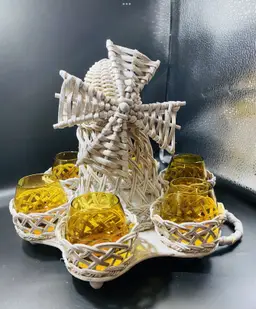 Woven Wicker Rattan White Serving Tray With Windmill And 6 Amber Glasses