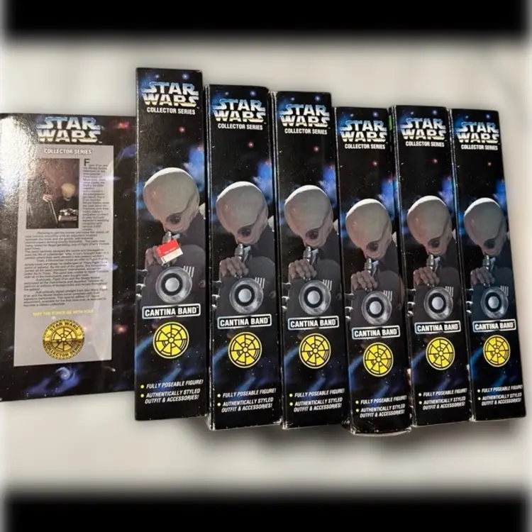 Star Wars 12inch Collector Series Cantina band members. including 5 members (2 of figrin dan makes a total of 6 boxes) Figures are all complete in sealed boxes.