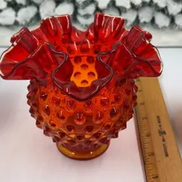 Vintage Fenton Votive Holder Hobnail Amberina UV Reactive Ruffled Edge 4.5 Tall