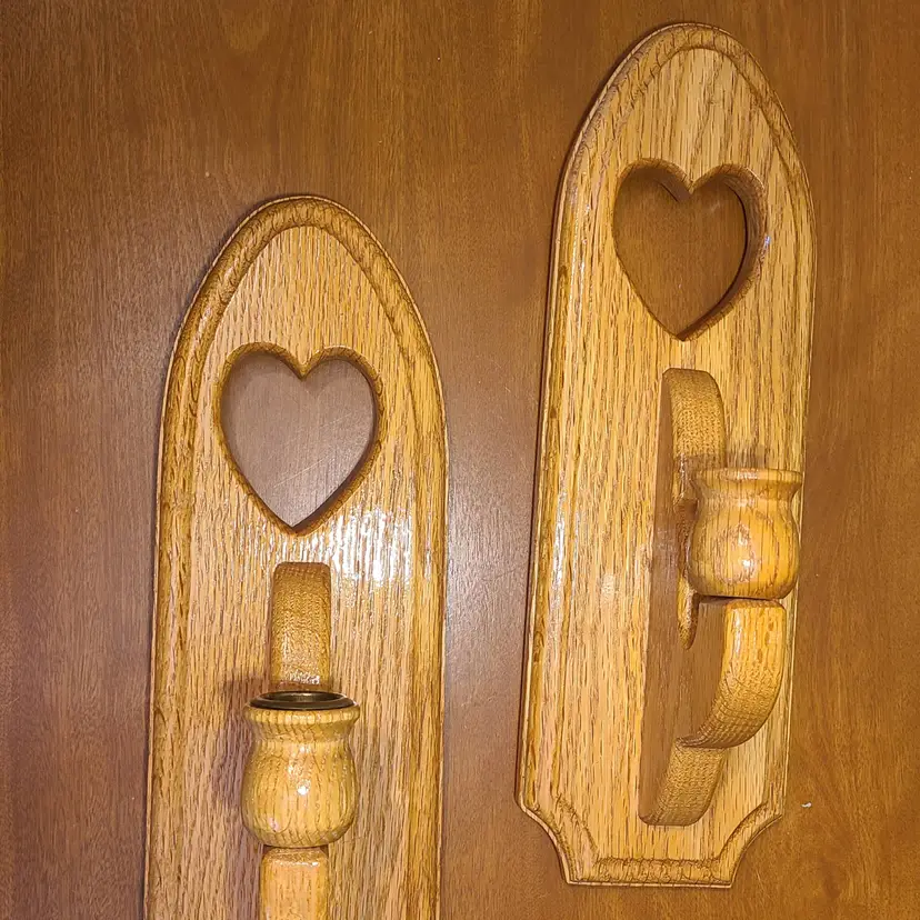 Set of 2 Vintage Light Oak Wood Wall Sconce Candle Holders with Heart Cutouts