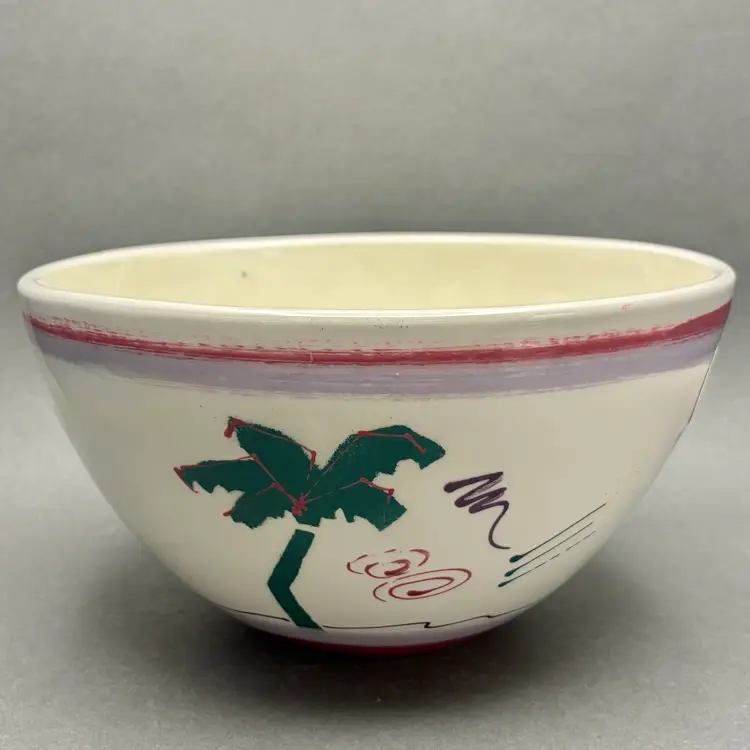 Vintage Signed Steve Howell Studio Art Pottery Bowl with Memphis Style Palm Tree Design