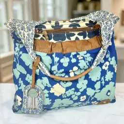 VTG Y2K Fossil Key Per Floral Canvas Leather Trim Shoulder Tote Bag Summer Beach