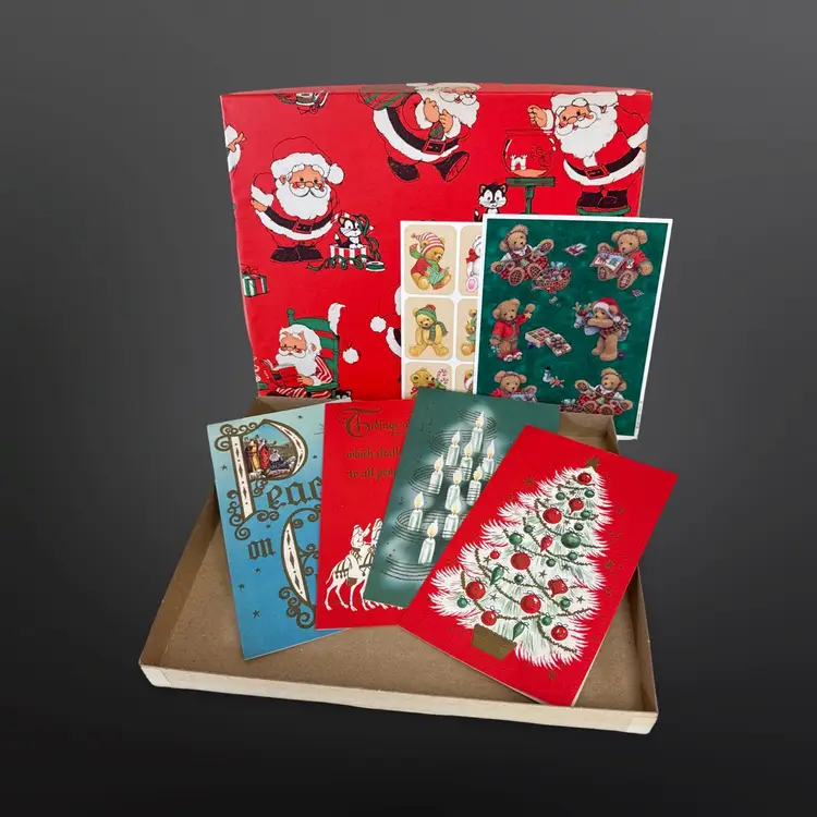 Vintage Santa Christmas Box W/ 4 Vintage Xmas Cards & 2 Sheets Of Xmas Bear Stickers