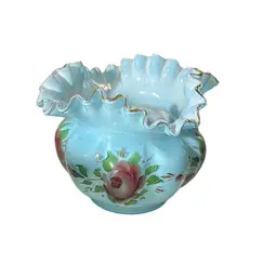 1960s Fenton Powder Blue Clear Overlay Handpainted Cabbage Roses Melon-Panel Ruffled Rim Vase - 5” Tall . 6.5” Diameter