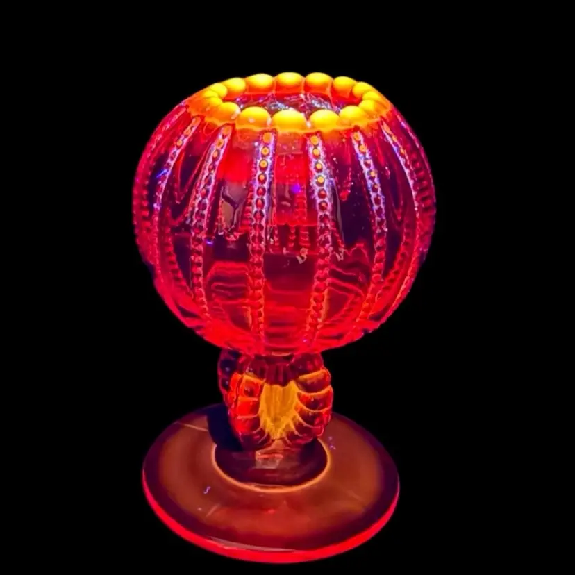 Vintage L G Wright Ivy Pedestal Bowl - Vase - Tea Light Holder Ruby Red Beaded Panel Scalloped Edge Cadnium Glow W/U V Light
5.25” T x 3.25” W