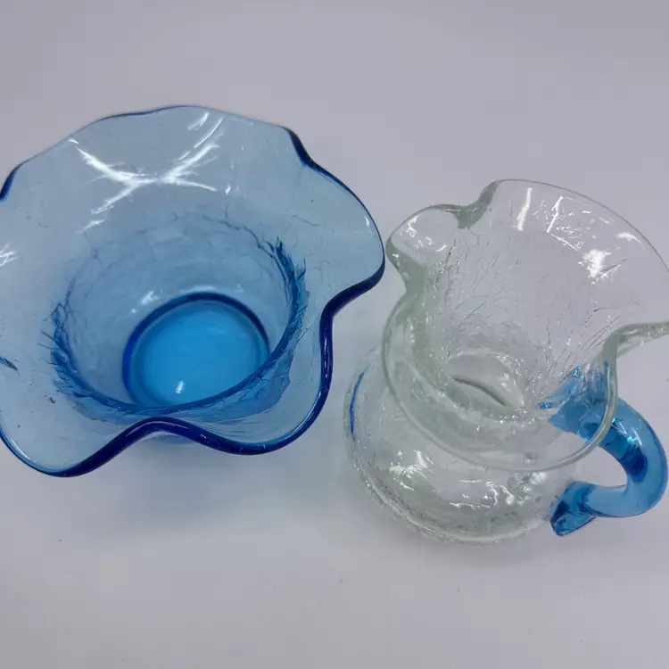 Crackled Glass Small Ruffled Top Bowl & Jug With Applied Handle