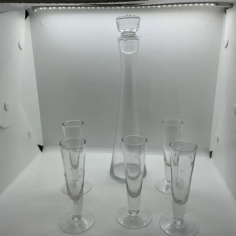 Tag Cordial Liquor Decanter and 5 Glasses Set Etched Atomic Starburst MCM Design