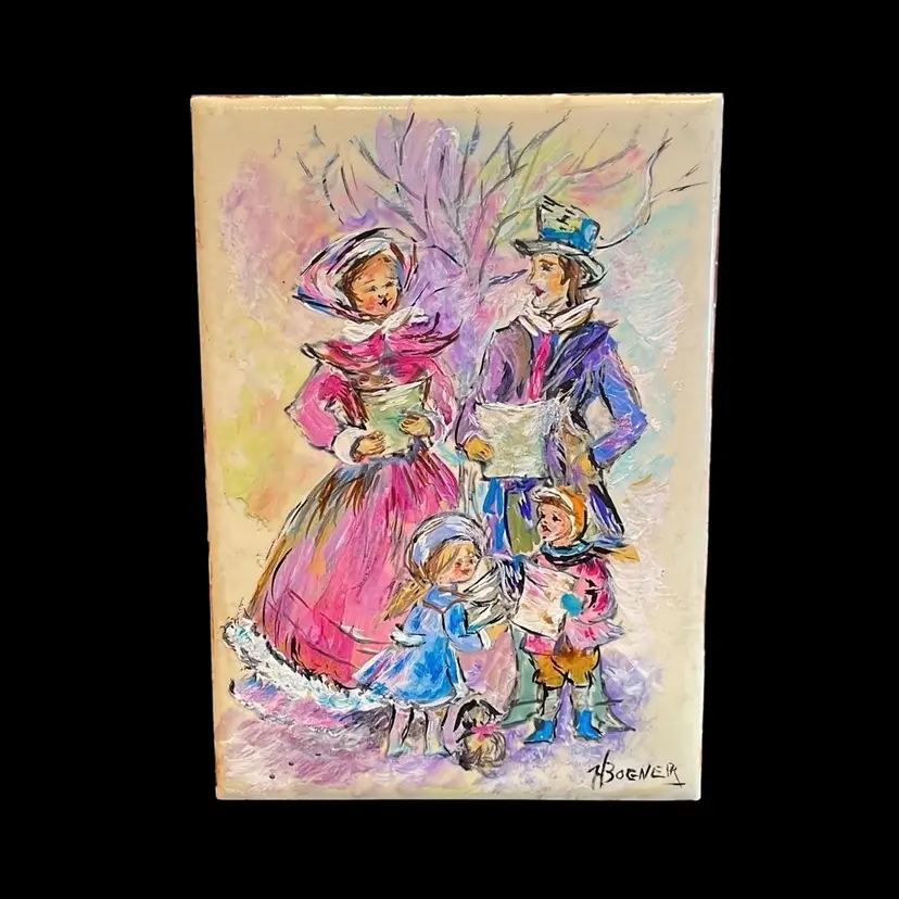 Hand Painted Signed Ceramic Tile Victorian Carolers Christmas Holiday Decor