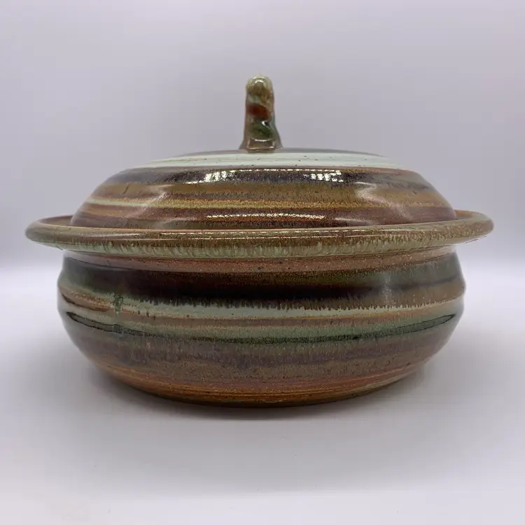 Artist Signed Studio Pottery Covered Casserole Dish Green Brown Swirl - Read
