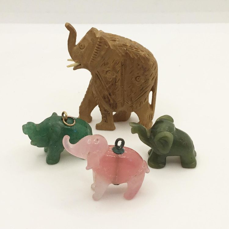 Miniature Wooden Stone Elephant Figurine Trinket Figurine Pendant Charm Lot of 4