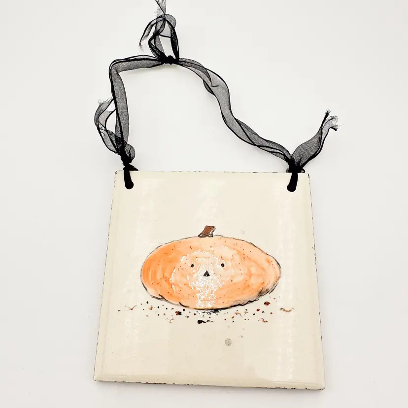 Halloween Jack O Lantern Pumpkin Hand Painted Tile Signed 4.25" x 4.25"