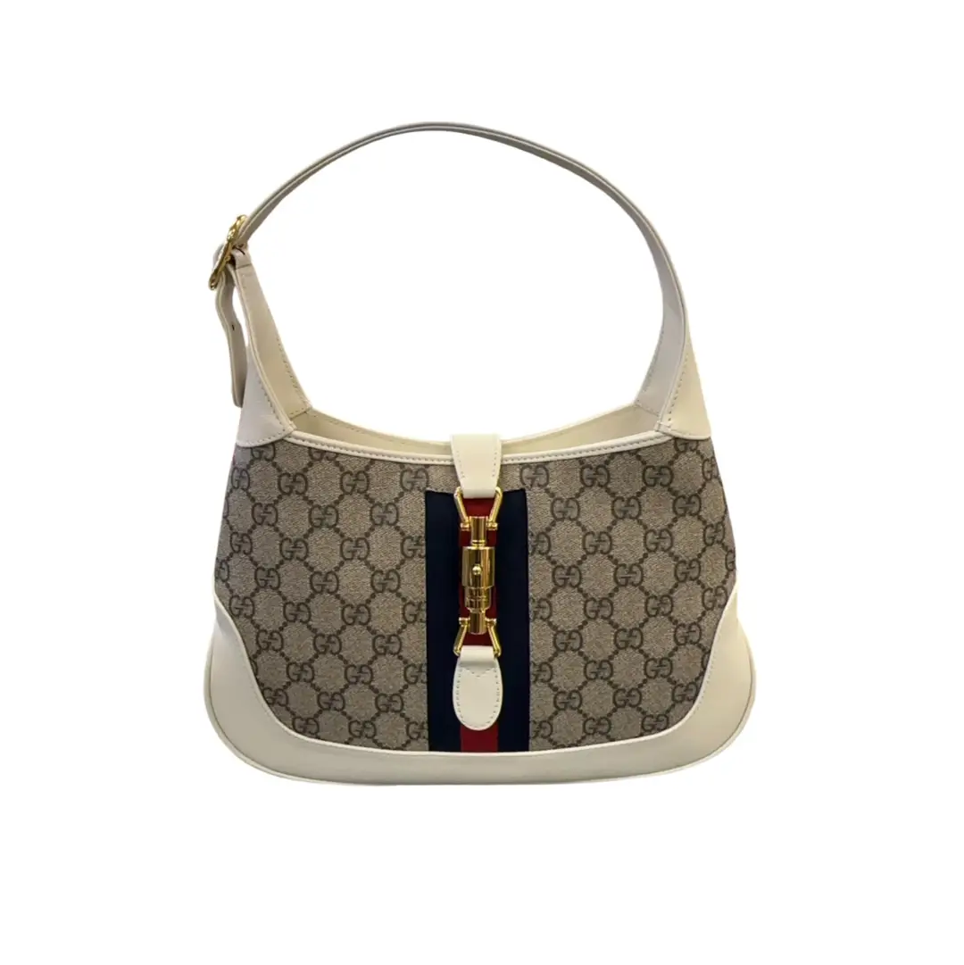 Gucci Small White Leather Trim GG Supreme Canvas Jackie