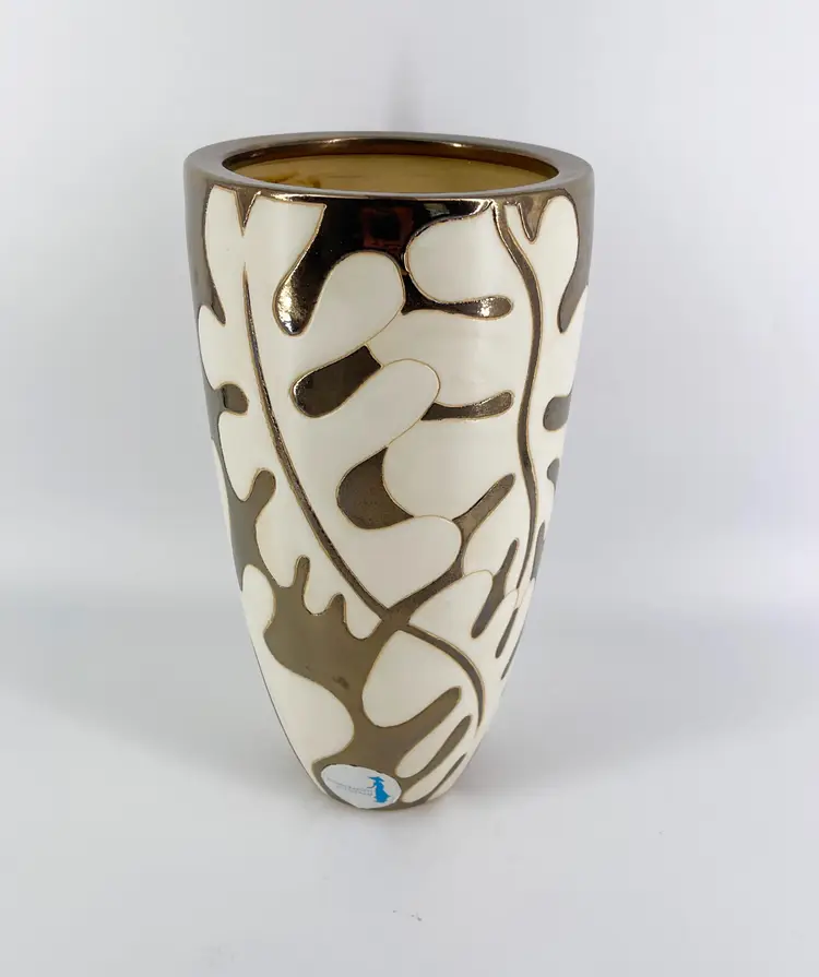 Signed Vietnamese Handcrafted 12" Vase Palm Leaves Gold Iridescent