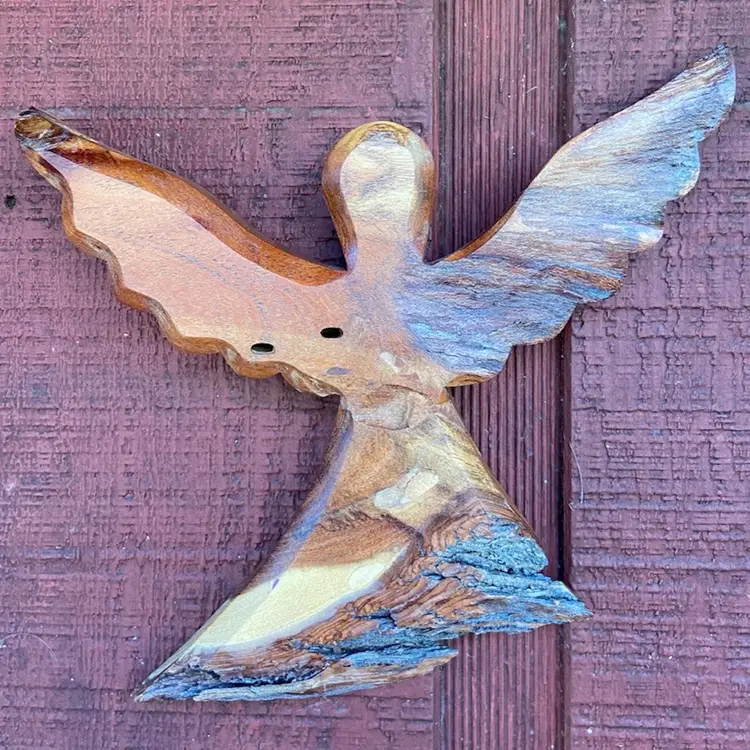 Handmade Wooden Angel With Bark Edge. Hole On Back For Hanging. 8”w.