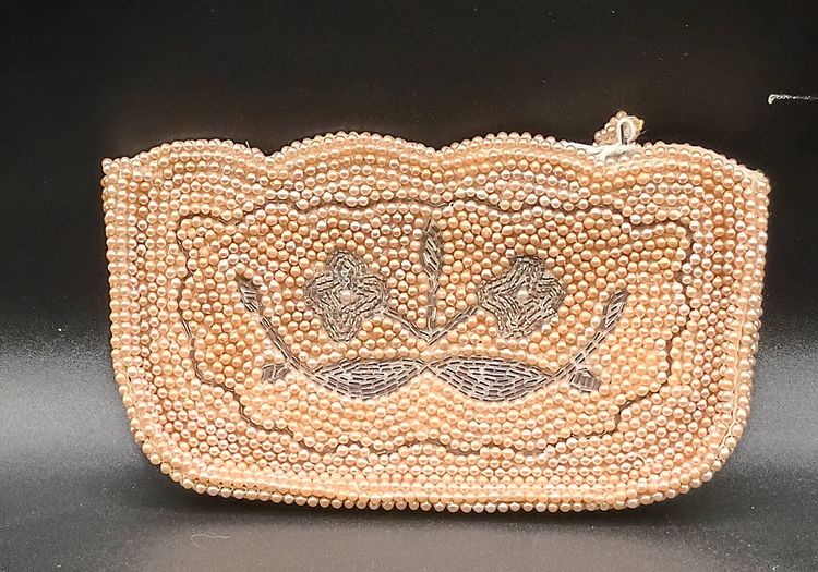 Vintage John Wind Clutch Purse Made In Japan Tiny Beaded With Floral Design Clean