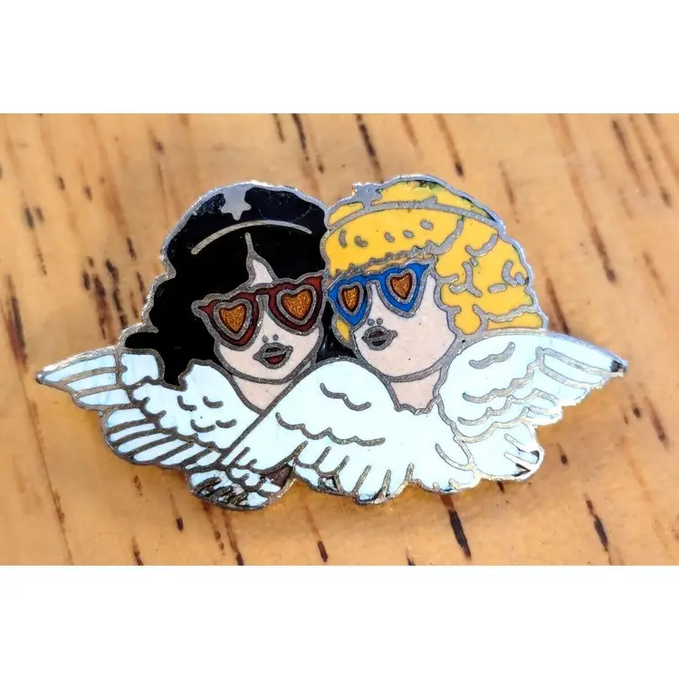 Fiorucci 1980s Lisa Frank Enamel Collectors Pin PUNK cherubs wearing sunglasses