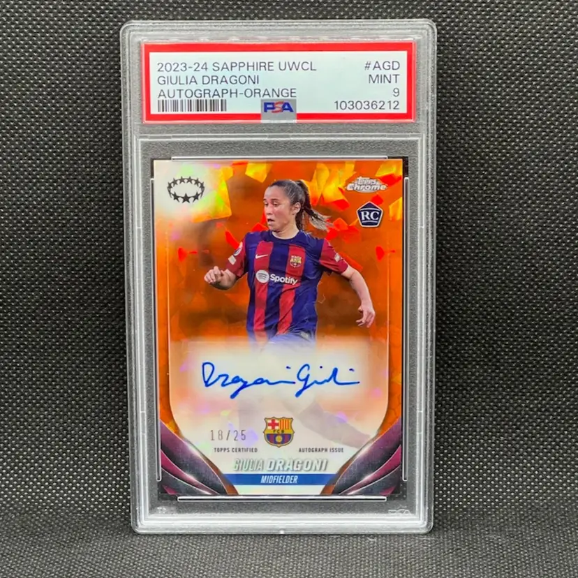Giulia Dragoni 2023/24 Topps Chrome Sapphire Orange /25 Aurograph PSA 9 Barcelona Soccer Card