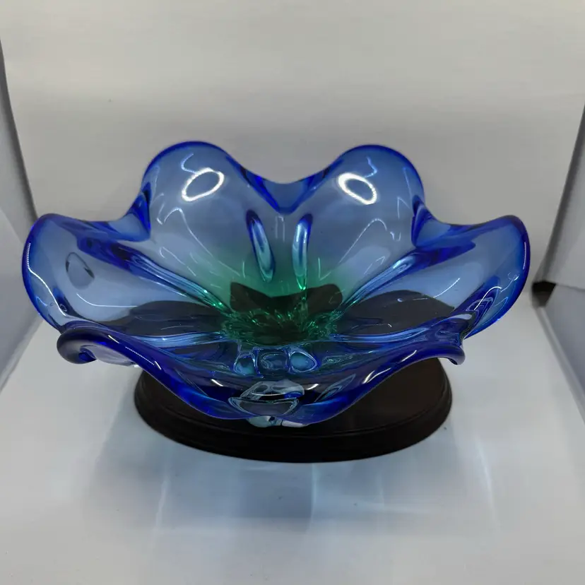 Vintage Royal Gallery Czech Blue Green Glass Footed Bowl Centerpiece