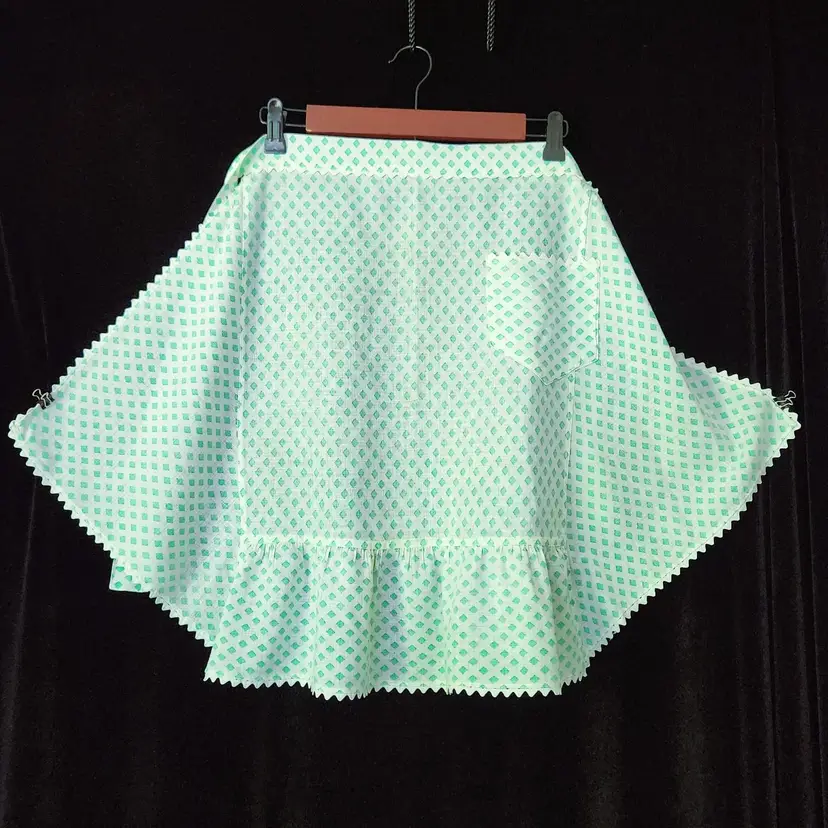 🆓📦OOAK Half Apron Vintage Kitchen Turquoise Aqua White Plaid with Rick Rack Hem