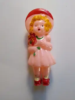 Toy Doll Rattle Vintage Hard Plastic Hand Painted Pink Body Blonde Girl 3.25"
