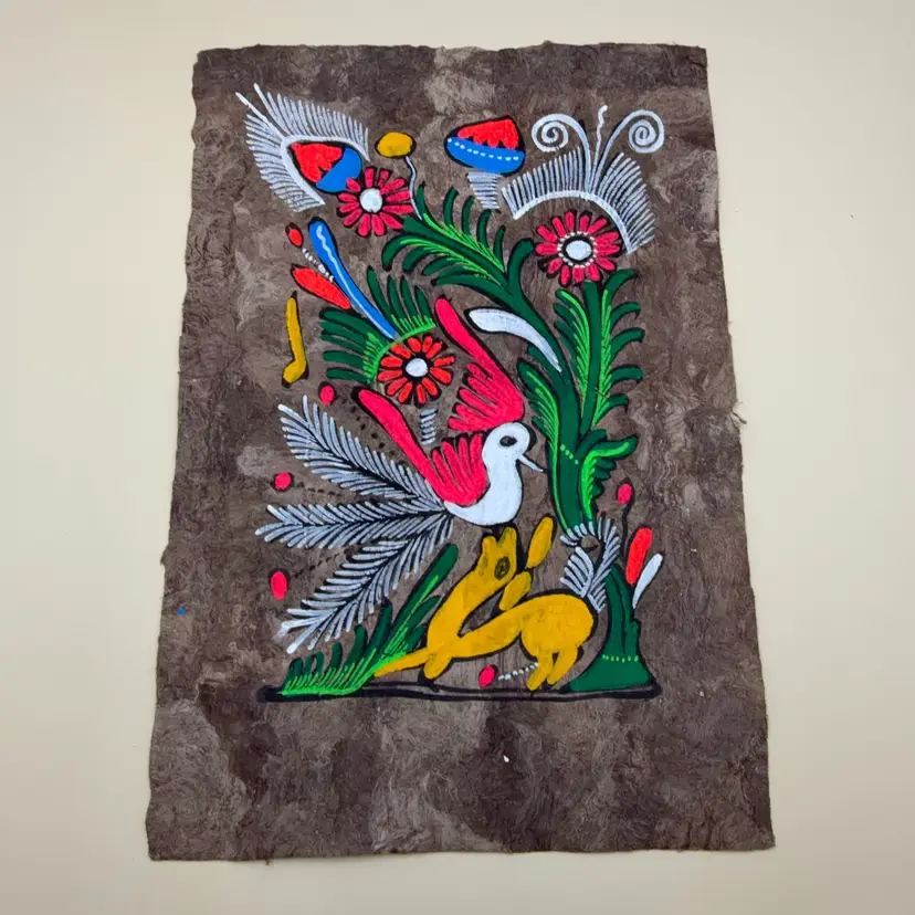 12x8 Vintage- Mexican Folk Art -Amate Bark Painting- Deer-Bird-Flowers- Glows