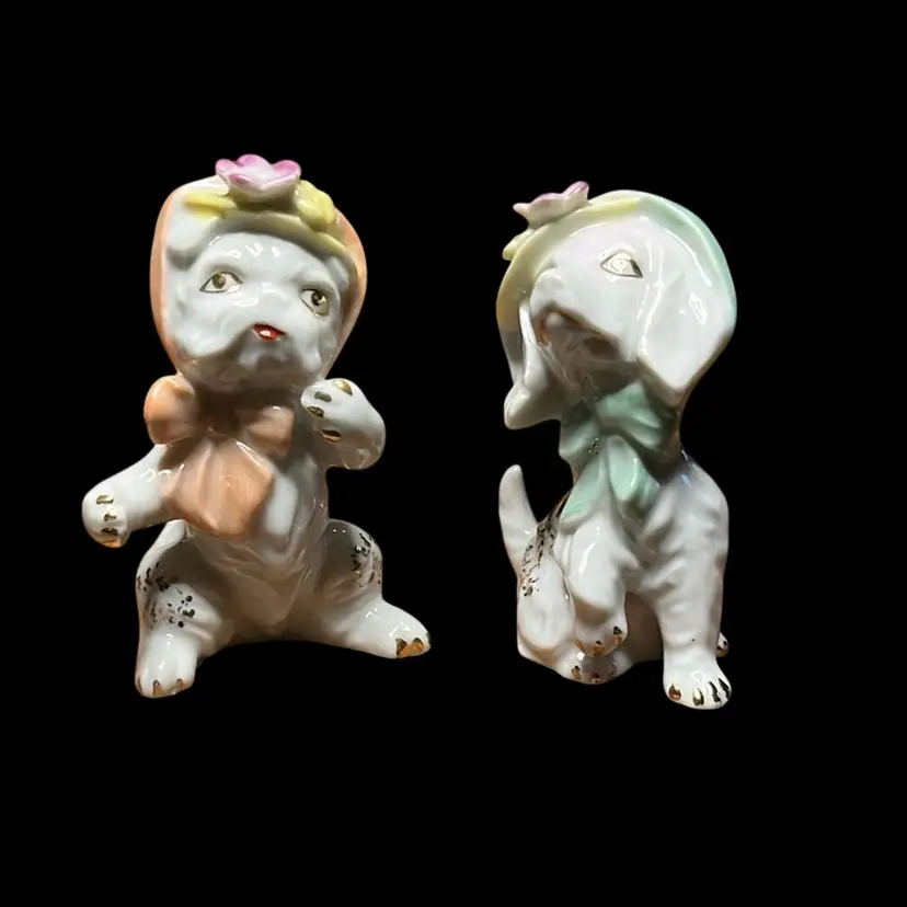 04. Vintage Pair of Ceramic Dog Figurines with Flowers and Bonnet Hats by EPP & Co Made in Japan