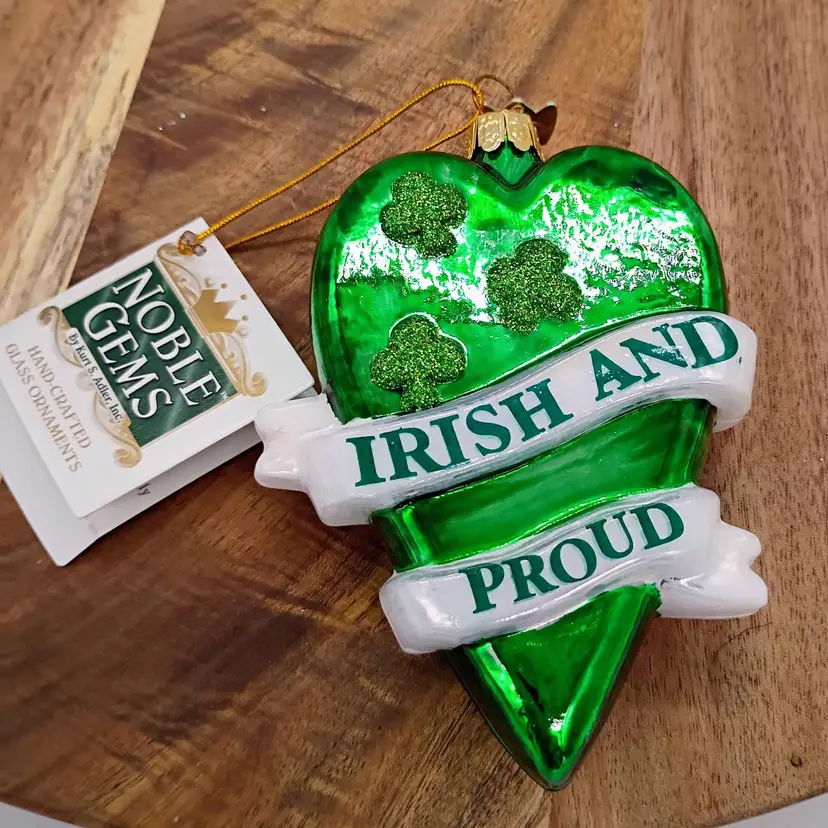 Kurt Adler Noble Gems Irish & Proud Green Heart Blown Glass Ornament NWT