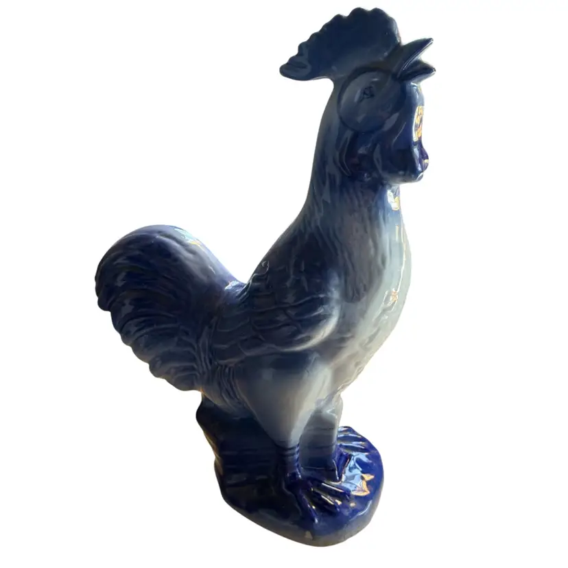 vintage blue and white ceramic porcelain rooster figurine statue