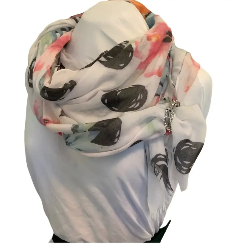 #7 - Fabulous Flower And Polka Dot Cotton Scarf🧣 With Sparkling ✨ Shimmery Rhinestones Scarf Clip Brooch