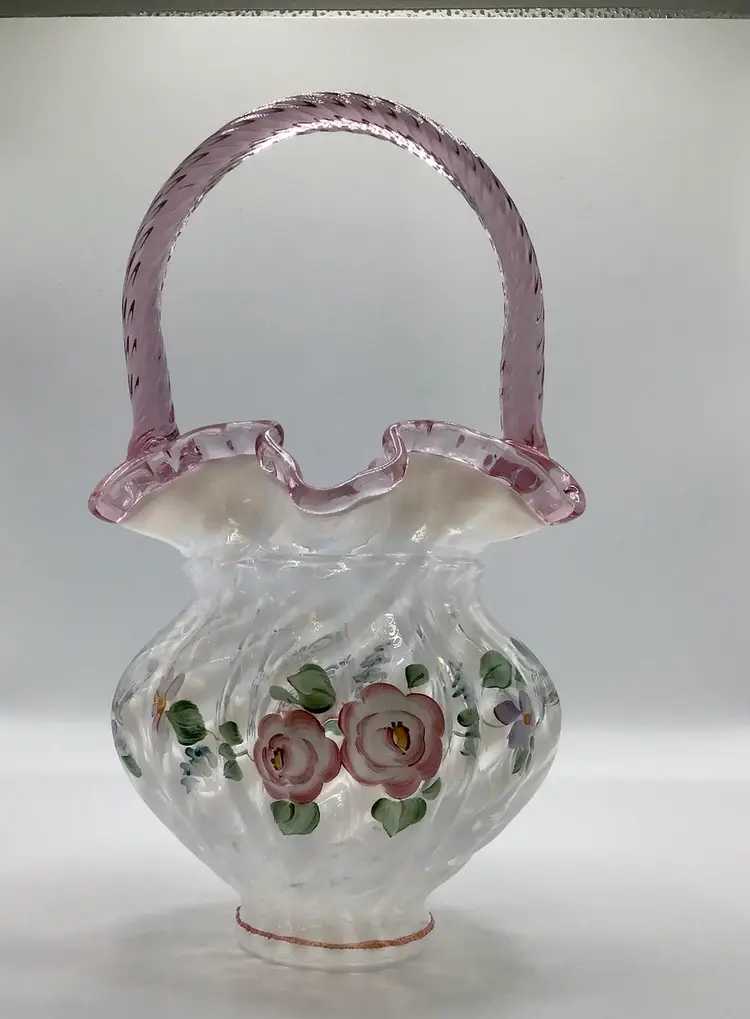 Fenton  French Opalescent Spiral Optic Rose Crest Handpainted Glass Basket With Pink Handle Signed Bill Fenton