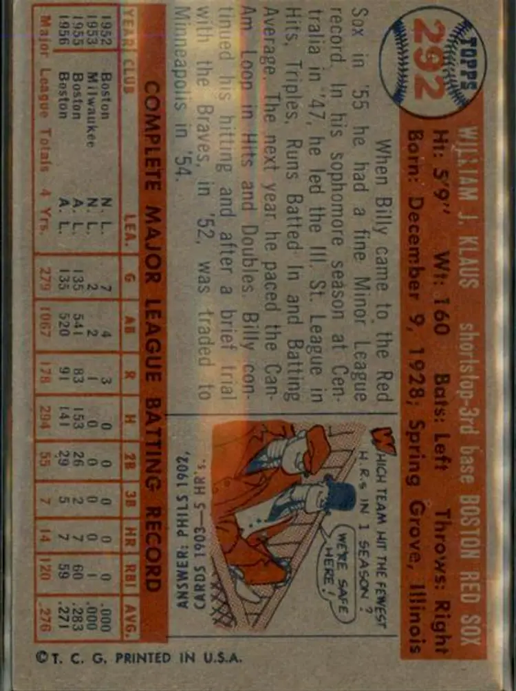 1957 Topps #292 Billy Klaus - ( pk1 ) - Boston Red Sox