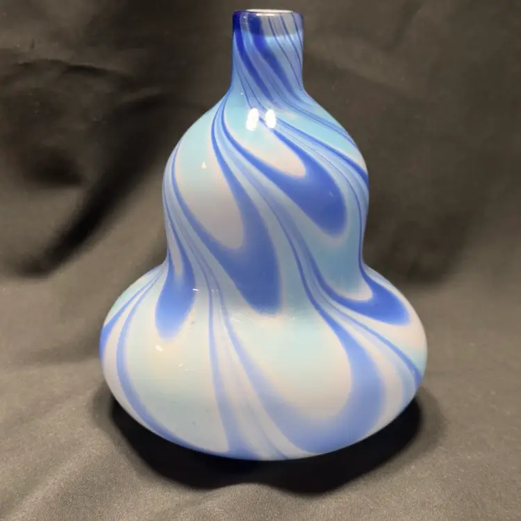 #1604 Handblown Glass Gourd Single Bud Vase  Swirling Blues Art Glass