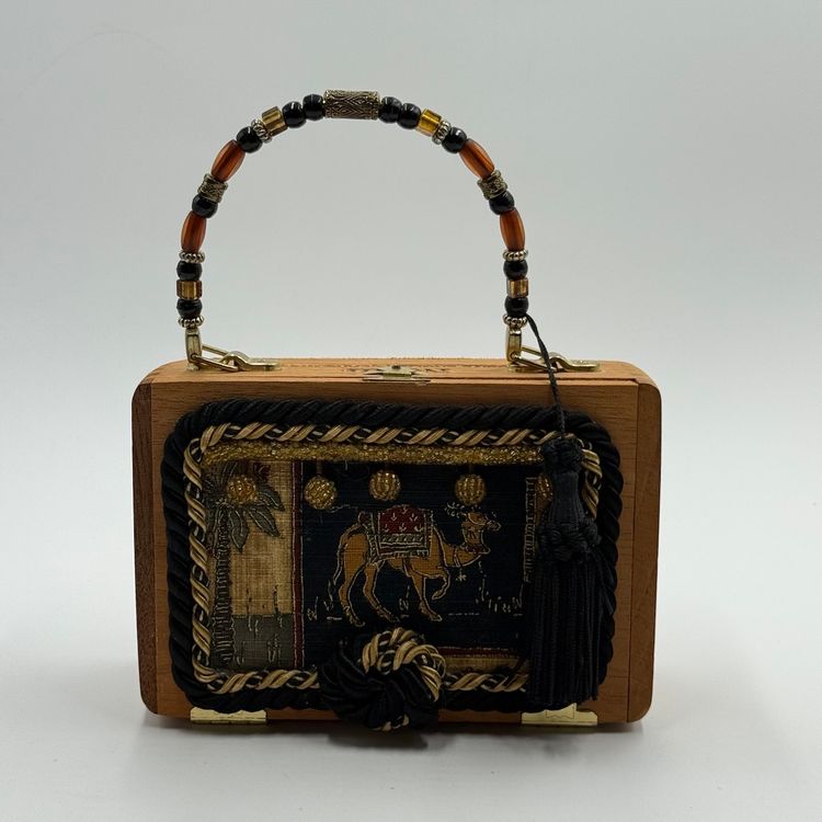 Cigar Box Purse Wooden With Camel Tapestry Fabric Tassel Beaded Handle & Inside Mirror