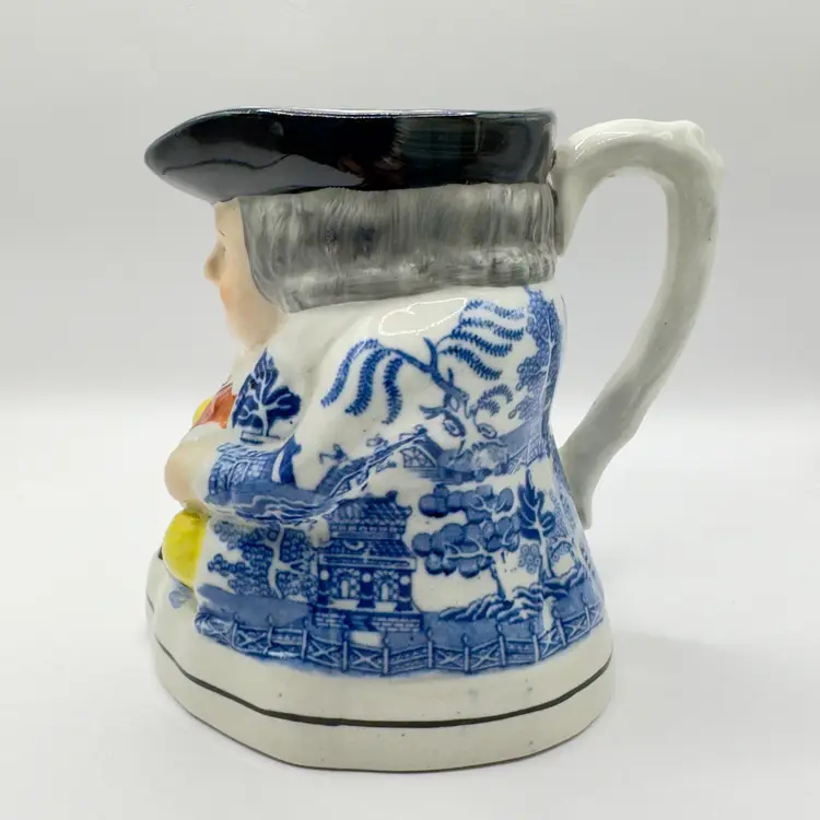 Antique 1890’s Blue Willow Toby Fillpot Jug Pitcher Creamer Vase Barware Beer Stein, Original Handcrafted Colonial Gentleman Ceramic, Hand-Painted Collectible, By Staffordshire Ware, Made in England, #368 Printed on Bottom