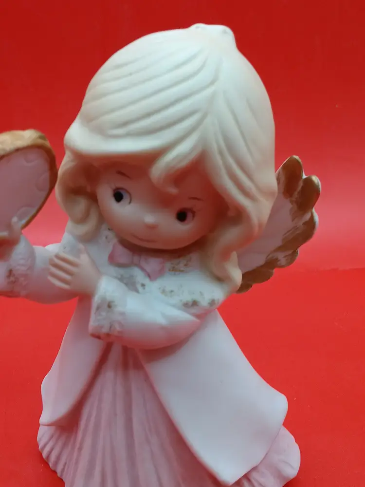 Adorable Vintage HOMCO Porcelain Bisque Pink Christmas Angel with Tambourine